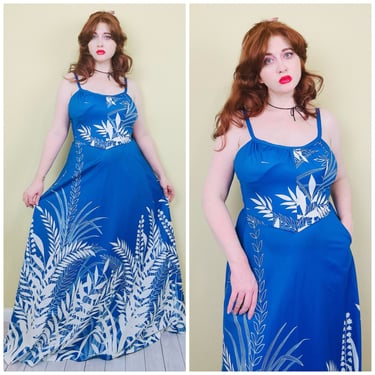 1970s Vintage Malihini Hawaii Deadstock Maxi Dress / 70s Blue Tropical Smocked Back Gown / Size Large 
