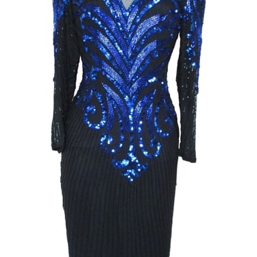 Sequin Silk Dress, Vintage 80s, A.J. Bari, Beaded, XS Women, Black Blue, Cocktail 