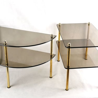 Set of 2 Coffee Brass Tables, Gold Brass and Dark Glass, Vintage Coffee Tables, Mid Century Furniture 