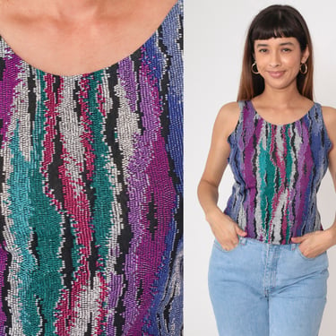 Vintage 90s Abstract Print Tank Top Purple Turquoise Green Black Sleeveless Blouse Striped Print Summer Shirt Scoop Neck Small 