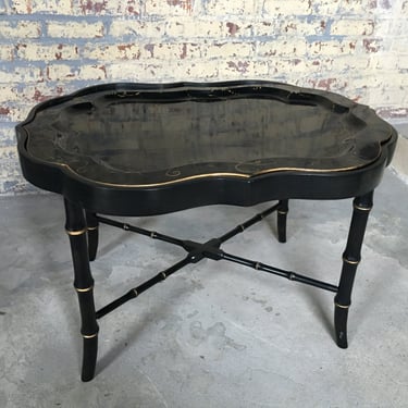 Vintage Black Lacquer Faux Bamboo Tray Table - Antique Papier Mache Tray Stand - Tole Faux Bamboo Tray Table - Chinoiserie Style Tray Table 