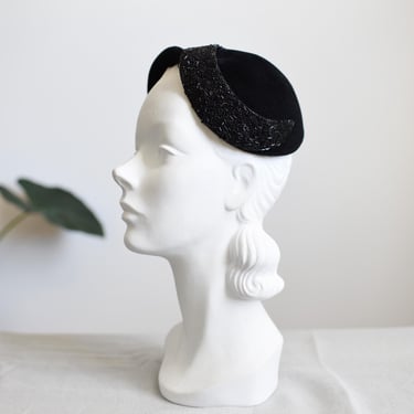 1950s Betmar Black Casque Hat with Beaded Crescent Moon 