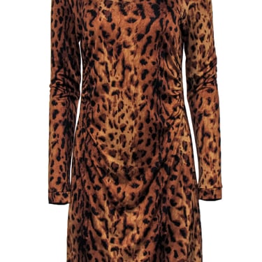 Tory Burch - Brown &amp; Black Leopard Print Ruched Silk Midi Dress Sz M