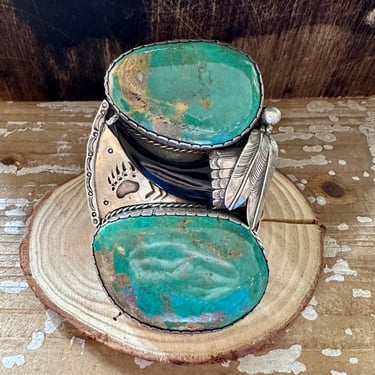 TWO FEATHERS Sandy Sangster Hand Crafted Turquoise & Silver Cuff | Huge Statement Bracelet 250g | Native American Navajo Southwest Jewelry 