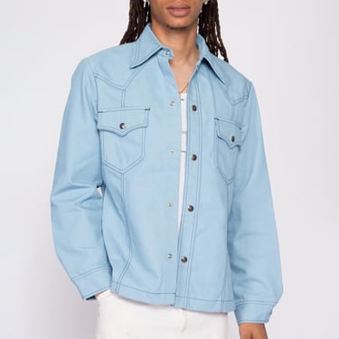 70s Light Blue Shirt Jacket Men's Medium | Vintage Snap Button Denim Look Western Shacket Overshirt 