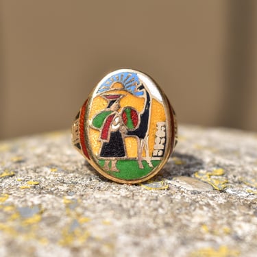 14K Champlevé Enamel Cigar Band Ring, Colorful Scene Of Man & Alpaca, Men's Pinky Ring, Size 4 1/4 US 