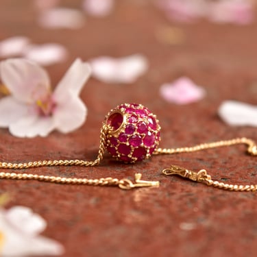 Ruby Pave Cluster Ball Chain Bracelet In 14K Yellow Gold, Sphere Bead On 1.5mm Cable Chain, Estate Jewelry, 7
