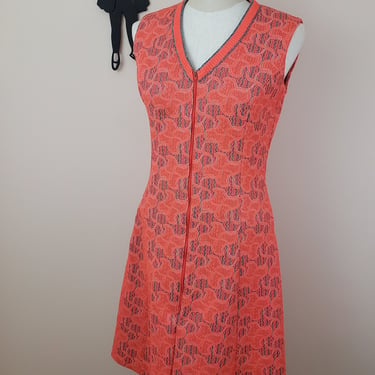 Vintage 1960's Orange Mod Dress / 70s Polyester Shift Day Dress M/L 