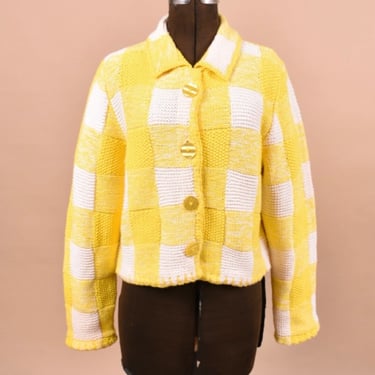 Yellow 90s Checkered Cardigan with Big Buttons By Michael Simon, XL