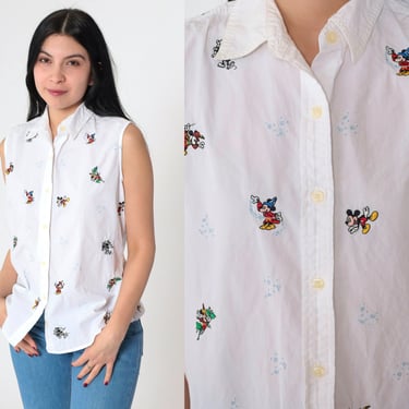 90s Disney Shirt -- Mickey Mouse Shirt Fantasia Mickey Tank Top Button Up Sleeveless Top White Embroidered Blouse 1990s Vintage Medium 
