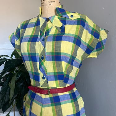 1940s Colorful Cotton Madras Day Dress Vintage Bust 34 