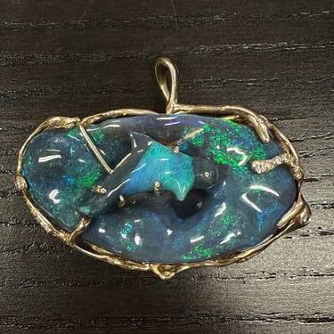 Artisan Huge Natural Opal Pendant w/ Carved Dolphin Diamonds 14k Gold Necklace 