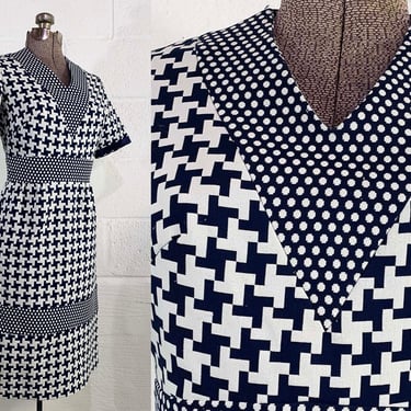 Vintage Navy Blue Houndstooth Dress Large Print Short Sleeve Short Sleeves A-Line Skirt 1970s XS Small 