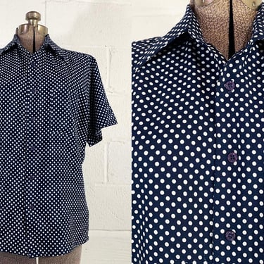 Vintage Men's Shirt Navy Blue Polka Dot Sears Kings Road Short Sleeve Button Front Medium Large 1970s 