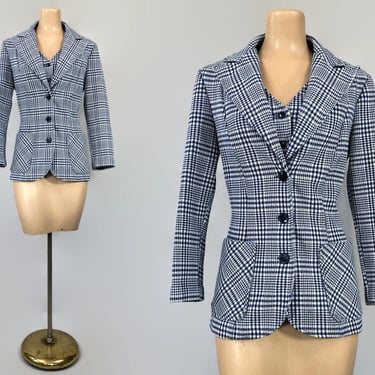 VINTAGE 70s Navy Checkered Plaid Fitted Jacket and Vest Set Sz 12 | 1970s Butterfly Collar Leisure Suit Jacket Set | vfg 