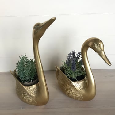 Large Pair Solid Brass Swan Planters 13.5 & 11 Inches Tall 