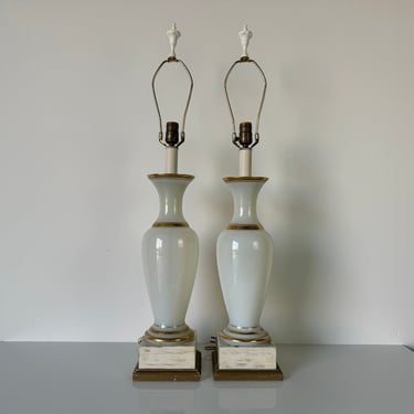 French Hollywood Regency  White Opaline  Table Lamps - A Pair 