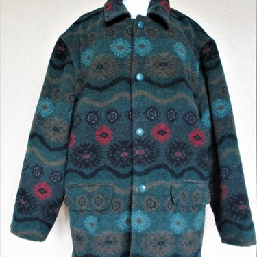 Western Jacket Men, Vintage 1980s Southwest Pattern Pea Coat, Large Men, Wool Blend 
