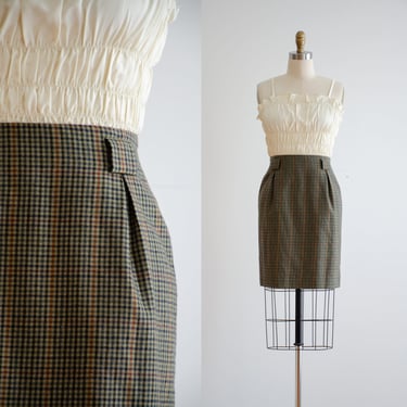plaid mini skirt 90s vintage olive green wool schoolgirl preppy dark academia short wool skirt 