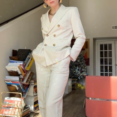 VTG 90s Lauren RL Cream Silk Linen Suit 