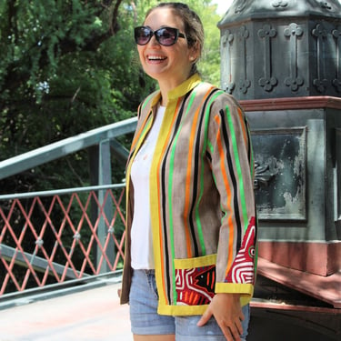 Vintage 1970s Marti Mexican Jacket, Tan Linen, Multicolor Satin Stripes, Patchwork, Medium Women 