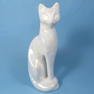 Vintage White Ceramic Cat - Pearlized White Cat Statue 