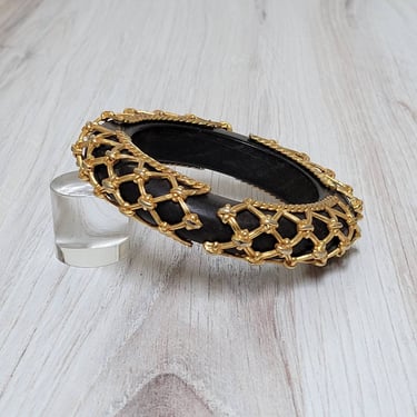 1980s Dominique Aurientis Wood Bracelet with Gold Embellishments - Fine French Costume Jewelry 