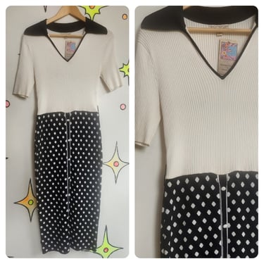 Vintage 60s 70s | Groovy MOD Black and White Dagger Collar Polka Dot Dress | S M 