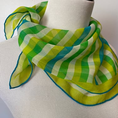 Vera scarf 1960’s green striped 100% silk crepe textured neckerchief hair scarves Mod retro groovy greens 25" square Vera brand 