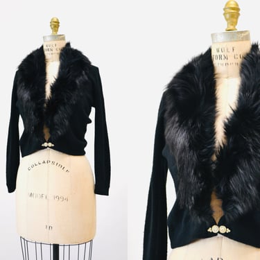 Vintage  Black Fox Fur Collar Cardigan Sweater Rhinestone Closure Small Medium Vintage Black Fox Fur Trim Sweater Fur Collar Formal Cardigan 
