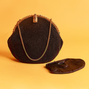 50s Black Beaded Round Chain Purse Vintage Pearl Rhinestone Metal Clasp Handle Purse with Matching Coin Purse 