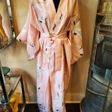 Pink Kimono, Kimono robe, Pink Robe, Crane Motif,  Vintage Robe, Made in Japan 