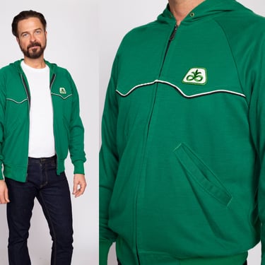 70s 80s Kelly Green Hoodie Men's Medium | Vintage Swingster Zip Up Hooded Sweatshirt Track Jacket 