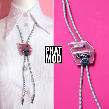 Rad Vintage 80s Pink Blue Sculptural Bolo Tie Necklace 