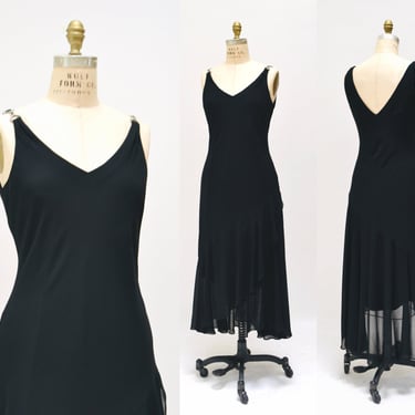 Vintage 00s Y2K Bias Cut Black Dress Black Chiffon Tank Dress Medium Large// 90s Black Tank Slip prom Bias cut Dress Medium Large 