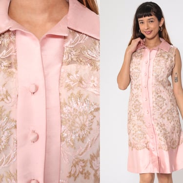 60s Metallic Lace Dress Pink Party Dress Illusion Neckline Evening 1960s Cocktail Button Up Shift Vintage Sleeveless Formal Small Medium 6/8 
