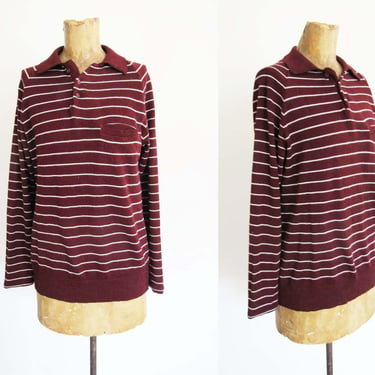 Vintage Burgundy Red Stripe Rugby Shirt - 70s 80s Collared Long Sleeve Knit Shirt - Nerdy Preppy Style 