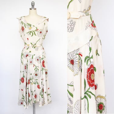 1940s Dress Floral Rayon Full Skirt XS/S 