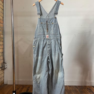 33" Waist, Vintage 1940s 1950s Headlight Zip Up Hickory Stripe Overalls, Workwear, T 