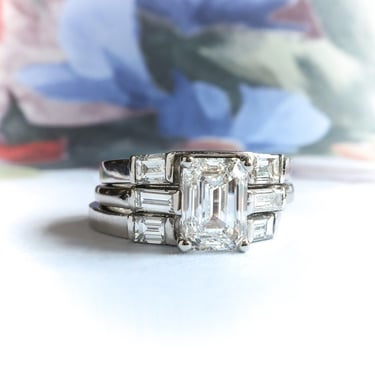 Estate Natural and Lab Created Diamond Engagement Ring With Two Stacking Diamond Bands Platinum 