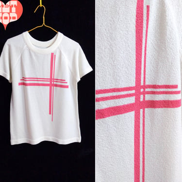 Cool Vintage 60s White Knit Short Sleeve Top with Pink Lines 