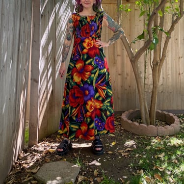 Vintage 1990’s Floral Hibiscus Print Maxi Dress with Ruched Bust 