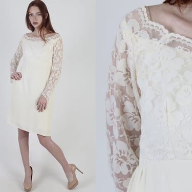 Vintage 60s Sheer Floral Lace Dress, Plain Womens Bridal Ceremony Outfit, Simple Cocktail Party Ivory Sheath Mini Dress 