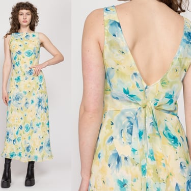 Sm-Med 90s Yellow & Blue Floral Silk Bias Maxi Dress | Vintage Ann Taylor Low Back Sleeveless Formal Sundress 