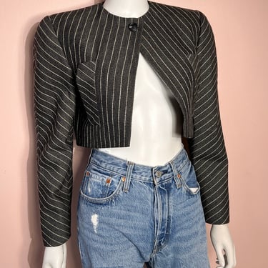 Vtg 80s Bill Blass Cropped Pinstripe Jacket 