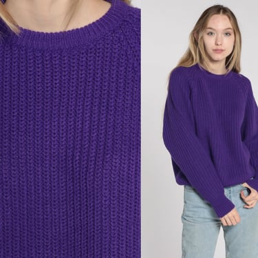 Royal Purple Sweater Plain Ribbed Sweater 80s Slouchy Knit Pullover Jumper Vintage Raglan Sleeve Normcore Medium 