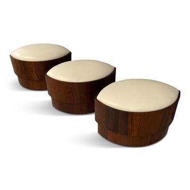 Trio of 1970s Leather Upholstered Koa Wood Ottomans or Stools Mid Century