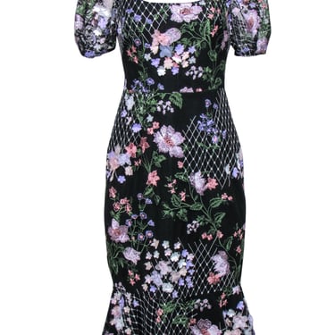 Marchesa Notte - Black Puff Sleeve Mesh Midi Dress w/ Floral Embroidery & Appliques Sz 6