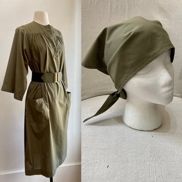 Chic Vintage 70's Boho PEASANT Dress + Belt + Scarf /  Olive ARMY Green OG-107 / Big Patch Pockets + Bell Sleeves + Head Kerchi 