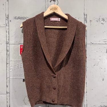 70s Large Shawl collar sweater vest chunky hand knit brown color 